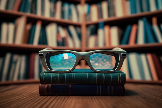 Gli occhiali sono su una pila di libri su un tavolo in biblioteca Leggendo libri scientifici o artistici generati dall'intelligenza artificiale