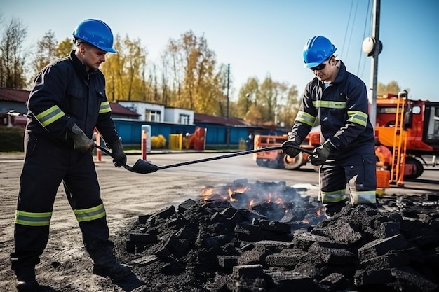 Gli operai posano un nuovo rivestimento di asfalto usando bitume caldo