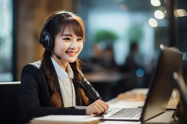 gli operatori di call center con auricolari wireless piccoli e moderni funzionano con un desktop