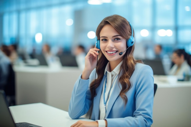 gli operatori di call center con un piccolo auricolare wireless lavorano con il desktop in un ufficio IA generativa