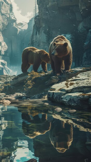 Gli orsi passeggiano sulle rocce nell'acqua mostrando il loro habitat naturale e l'ambiente