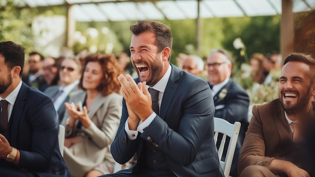 Gli ospiti condividono risate e gioia nella celebrazione del giorno del matrimonio