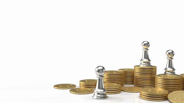 Gli scacchi d'argento e le monete d'oro su sfondo bianco per il rendering 3d del concetto di business