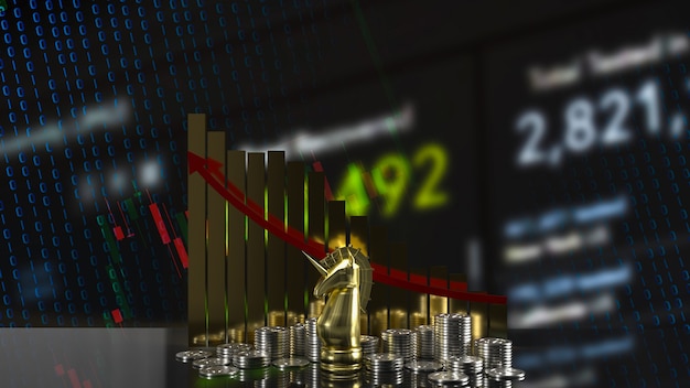 Gli scacchi dell'unicorno d'oro e il grafico aziendale per il rendering 3d del concetto di avvio