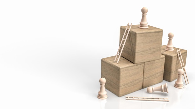 Gli scacchi e il cubo di legno su sfondo bianco per il rendering 3d del concetto di business