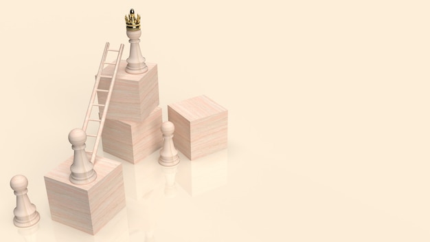 Gli scacchi e le scale sul cubo di legno per il rendering 3d del concetto di business