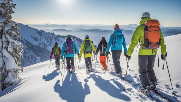 gli sciatori stanno camminando su una montagna innevata con i loro sci su ai generativi