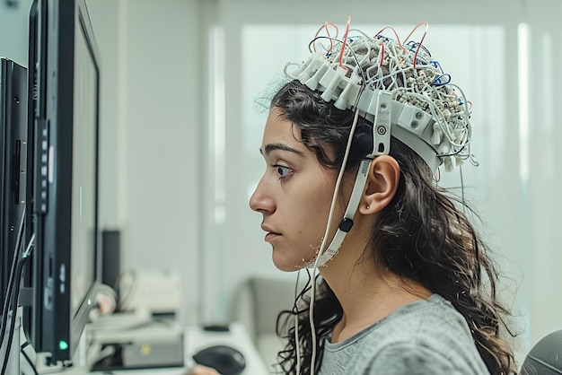 Gli scienziati conducono esperimenti con tappi EEG esplorando tecniche di neurofeedback prestazioni cognitive