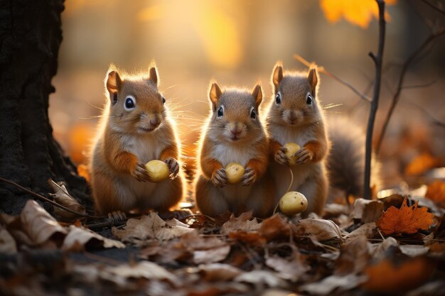 Gli scoiattoli festosi assaporano le noci sotto gli alberi autonali IA generativi