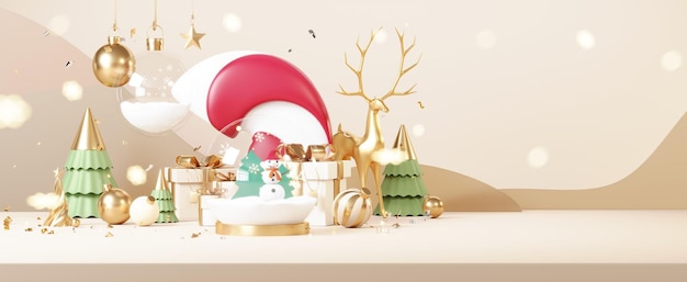 Gli sfondi di Natale decorano con il minimo Tema dell'evento di Capodanno Scena di buon Natale per la visualizzazione del prodotto mock up banner Palla di vetro d'oro nella scena invernale di Natale Biglietto di auguri capodanno rendering 3D