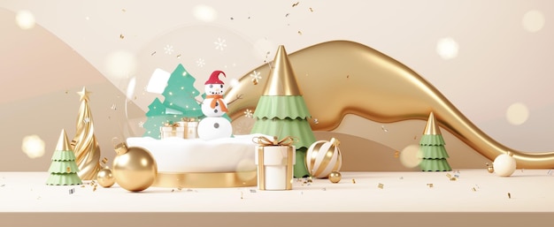 Gli sfondi di Natale decorano con il minimo Tema dell'evento di Capodanno Scena di buon Natale per la visualizzazione del prodotto mock up banner Palla di vetro d'oro nella scena invernale di Natale Biglietto di auguri capodanno rendering 3D