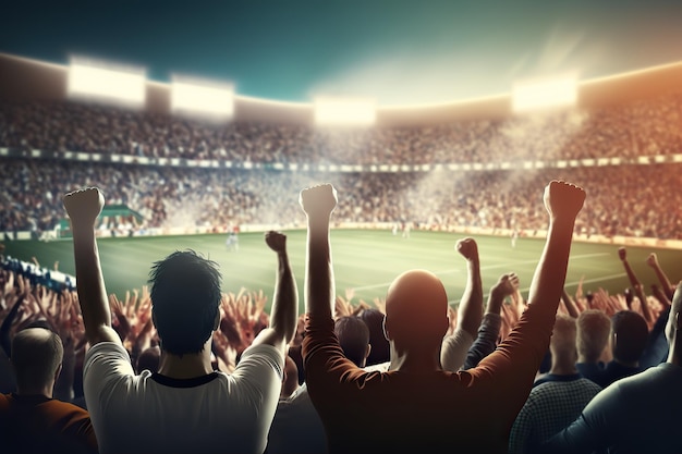 Gli spettatori di una partita di calcio applaudono in uno stadio generato da Ai