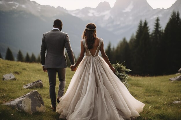 Gli sposi camminano insieme mano nella mano La coppia cammina dando le spalle alla telecamera Matrimonio moderno in montagna