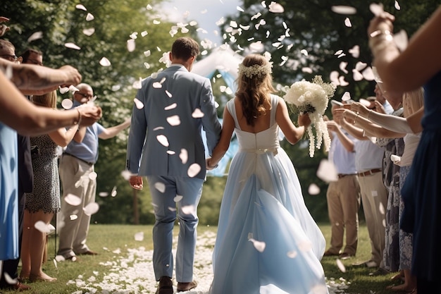 Gli sposi camminano sui petali dei fiori tra gli invitati