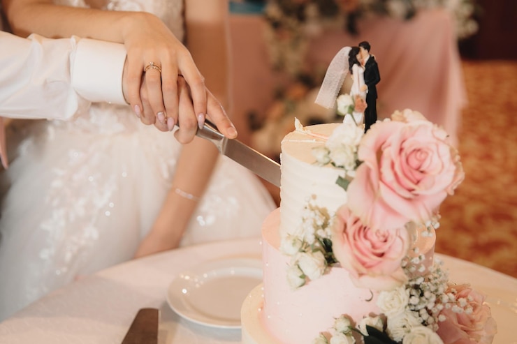 Foto gli sposi hanno tagliato la torta al primo piano del matrimonio