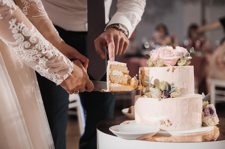 Foto gli sposi si tolgono il primo pezzo tagliato della torta nuziale