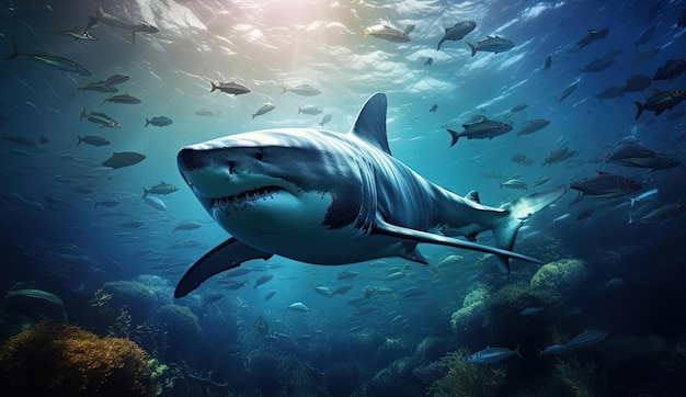 gli squali nuotano nell'oceano vicino alle barriere coralline nello stile di ritrattistica fotorealistica