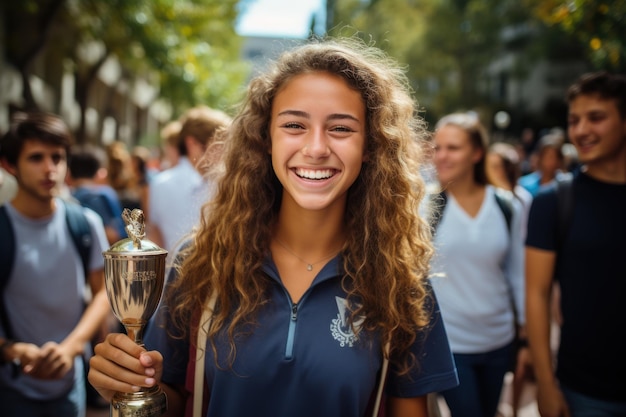 Gli studenti allegri consegnano trofei pluripremiati che sono un simbolo della determinazione del successo accademico