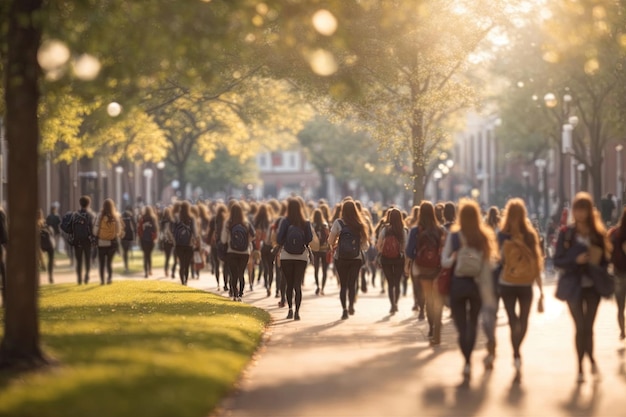Gli studenti camminano nel territorio universitario con il concetto di educazione di fondo blu