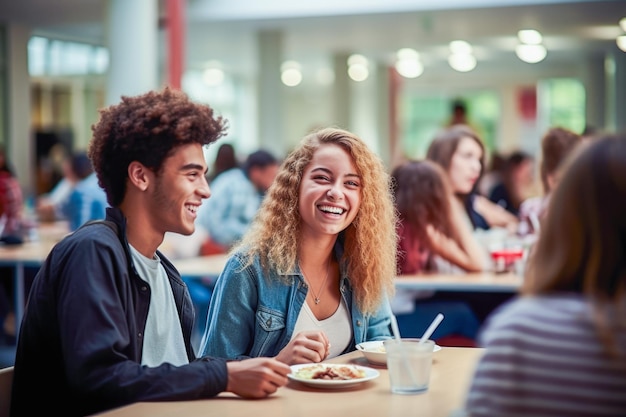 Gli studenti condividono un pasto promuovendo amicizie e cameratismo in una vivace mensa scolastica