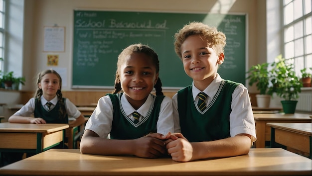 Gli studenti della scuola elementare stanno seduti in classe con la scuola