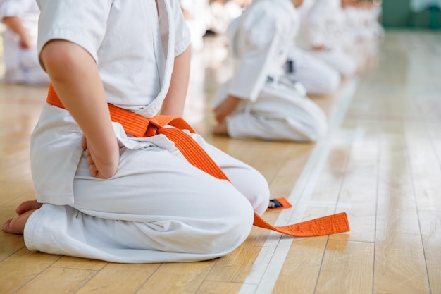 Gli studenti di karate si allenano nella sala delle arti marziali. Scuola di arti marziali in palestra.