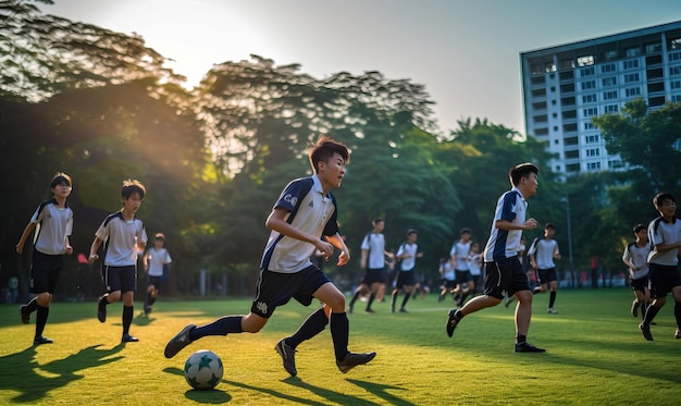 Gli studenti di un campo sportivo all'aperto partecipano a partite amichevoli che mettono in mostra le loro capacità atletiche