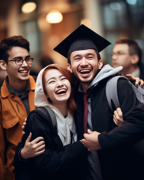 Gli studenti laureati orgogliosi celebrano il successo con i loro genitori