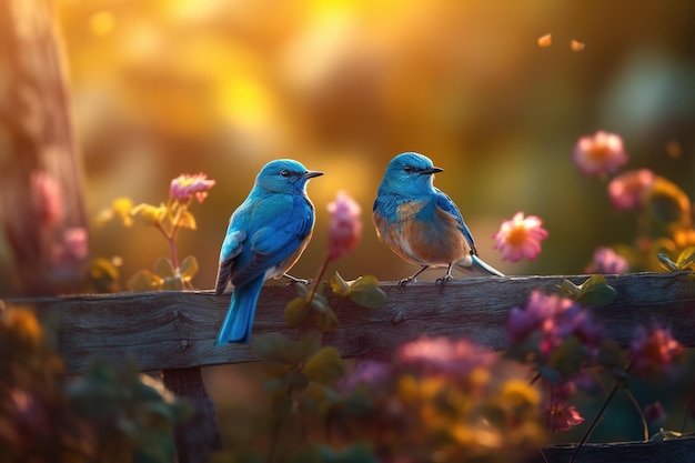 gli uccelli blu si accoppiano su un recinto di fattoria in legno con molti mix colorati di fiori vicino al recinto