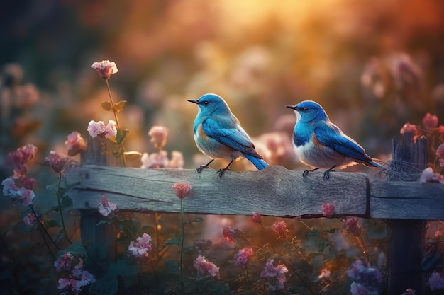 gli uccelli blu si accoppiano su un recinto di fattoria in legno con molti mix colorati di fiori vicino al recinto