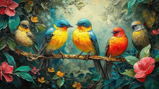 Gli uccelli del finch dell'Eden dipinto colorato in impasto spesso