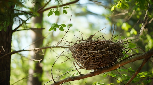 gli uccelli fanno il nido su un albero nella foresta