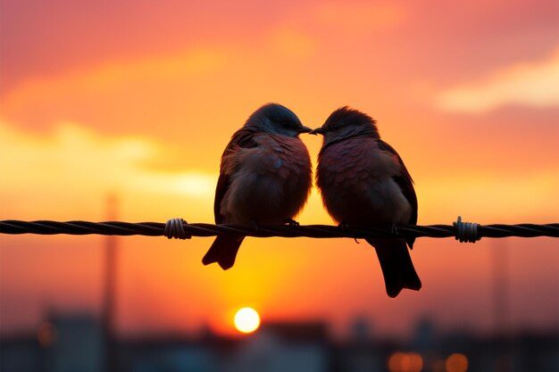 Gli uccelli innamorati appollaiati sui fili abbracciano il romantico tramonto