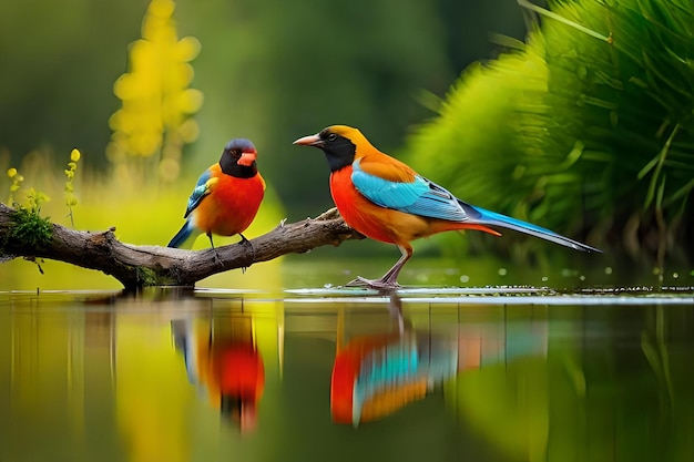 gli uccelli su un ramo scoprono l'armonia colorata della natura