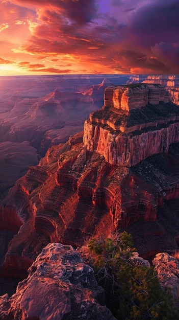 Gli ultimi raggi del tramonto dipingono le alte scogliere del Grand Canyon