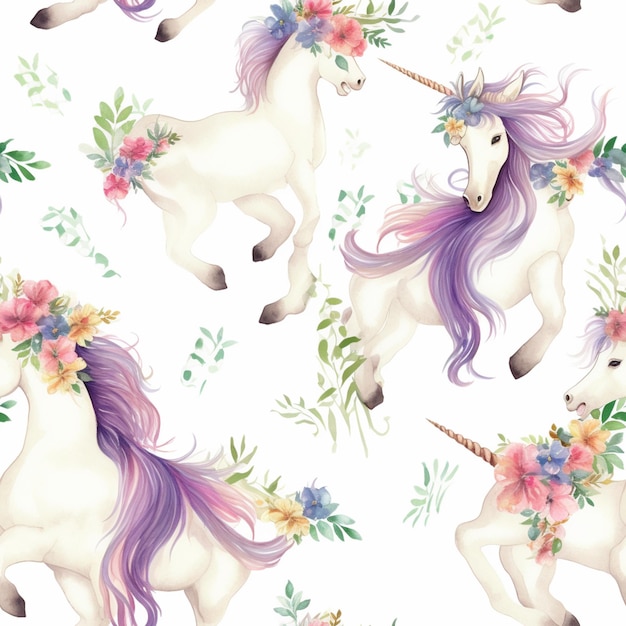 Gli unicorni con fiori e foglie in testa sono in piedi in uno schema generativo ai
