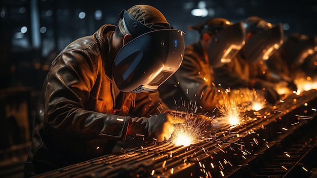 Gli uomini che lavorano nell'industria pesante e negli impianti di produzione indossano indumenti di sicurezza soprattutto nelle industrie siderurgiche e metallurgiche