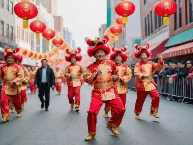 Gli uomini cinesi alla sfilata del Capodanno cinese per le strade con abiti tradizionali rossi e dorati