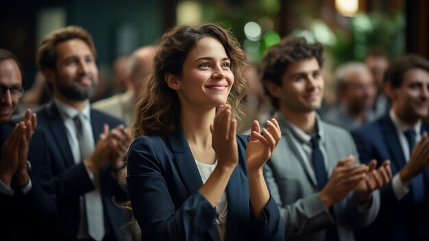 Gli uomini d'affari applaudono alla conferenza finanziaria Una donna felice che ascolta mostra apprezzamento per gli affari