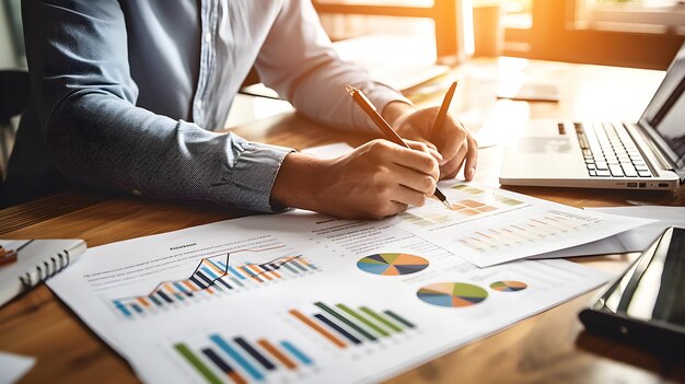 Gli uomini d'affari scrivono a mano su carta con grafico infografico su tablet