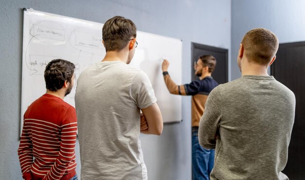 Gli uomini d'affari si incontrano in ufficio e usano i post-it per condividere l'idea Concetto di brainstorming