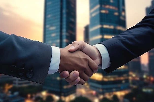 Gli uomini d'affari si stringono la mano sullo sfondo della città Conclusione del concetto di business di un contratto ai generativo