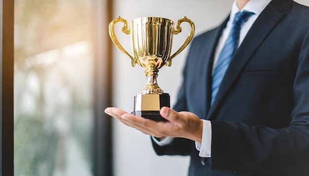 Gli uomini d'affari tengono in mano il trofeo di leadership che simboleggia il successo e il successo