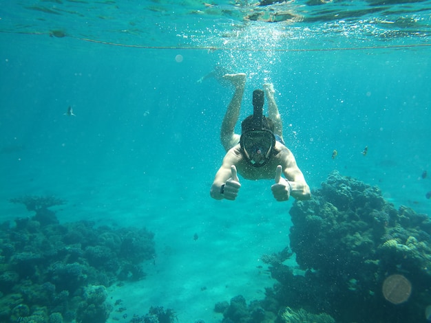 Gli uomini nuotano sott&#39;acqua in maschera sul mare