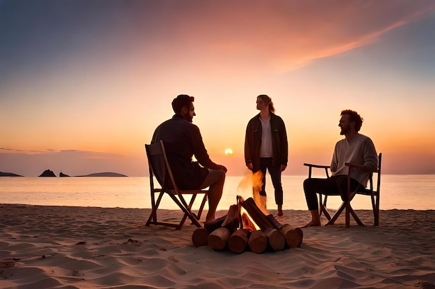 Gli uomini si siedono attorno a un fuoco di campo sulla spiaggia e guardano il tramonto.