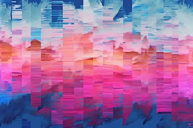 Glitch art su sfondo blu e rosa