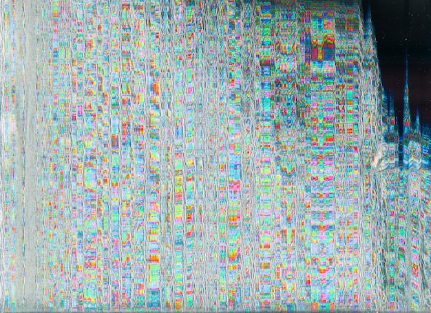 Glitch dello schermo Trama del rumore pixel Errore digitale Criptovaluta NFT Artefatti di grana di distorsione statica iridescenti colorati su sovrapposizione astratta grigio nero