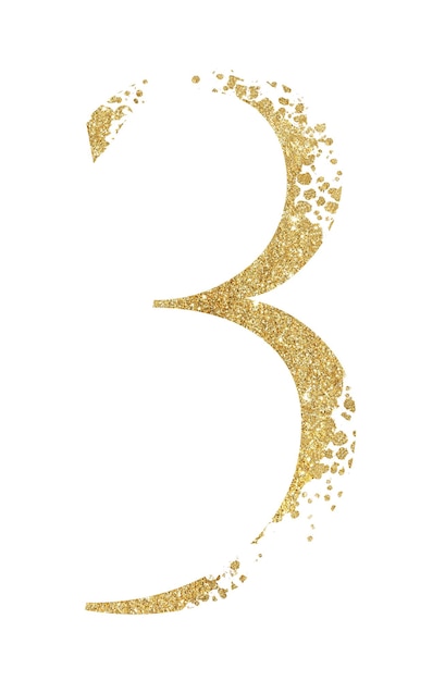Glitter dorato numero 3 con effetto dispersione illustrazione isolata Numero scintillante tre per la realizzazione di cancelleria per feste di nozze