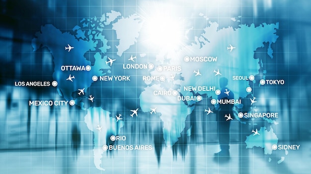 Global Aviation Abstract Background con aerei e nomi di città su una mappa Concetto di trasporto di viaggi d'affari
