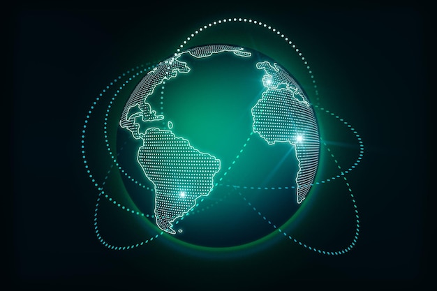 Global communication concept with world map and glowing lines around
